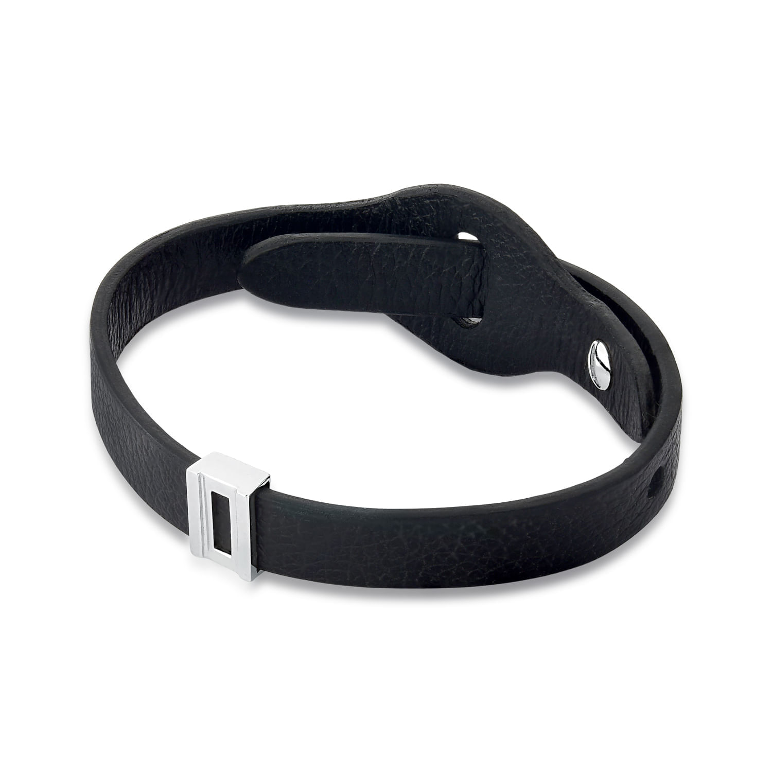 Pulseira preta de couro com fecho metálico prateado.