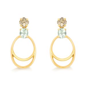 Brinco Oval  com Prasiolita e quartzo murion, em Ouro Amarelo 18k