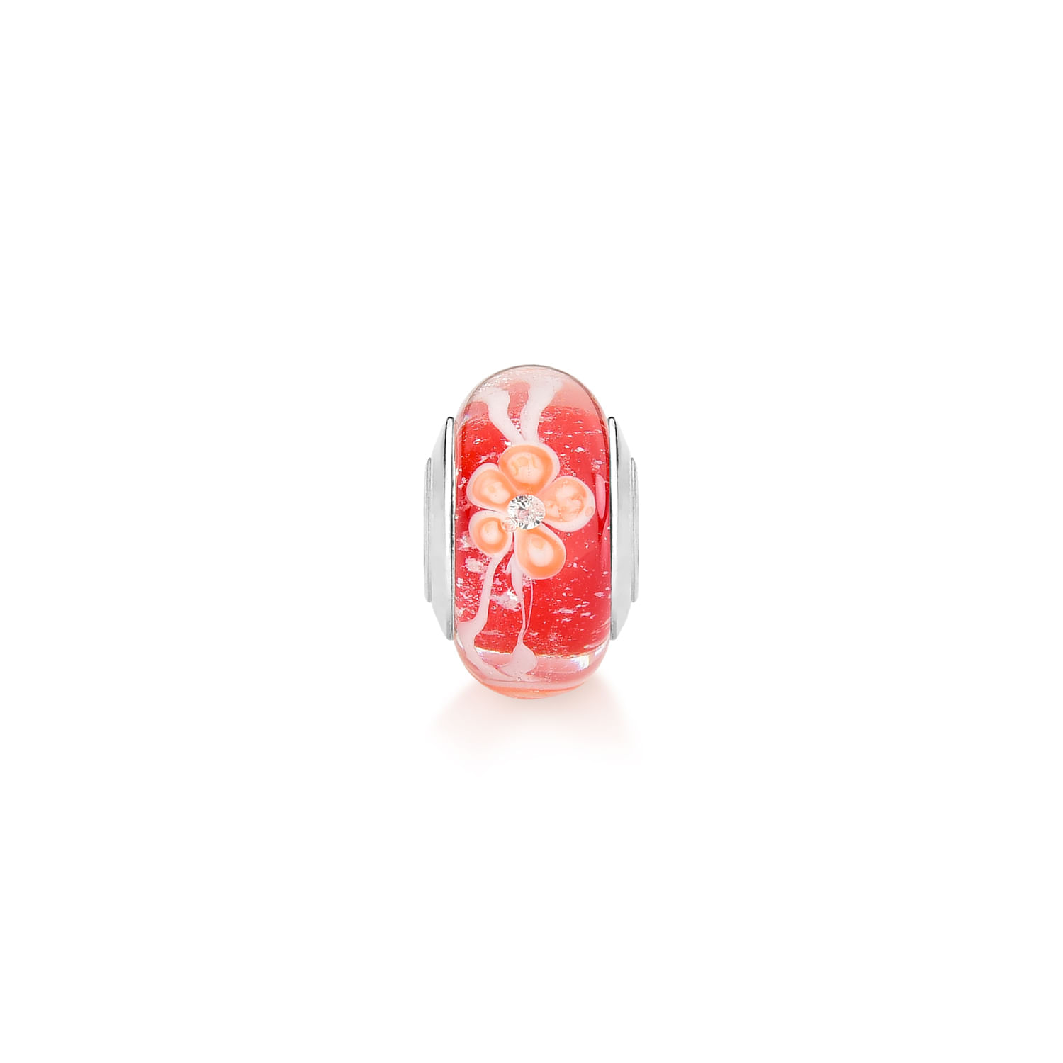 Berloque de vidro vermelho com flor de strass e detalhes brancos, usado em pulseiras ou colares.