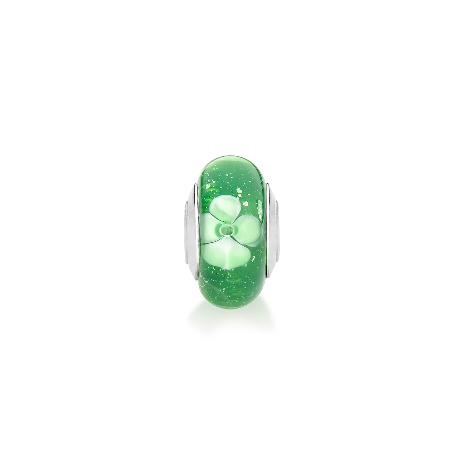 Pingente de vidro verde com pétalas brancas e bolhas, com detalhes de prata nas laterais.