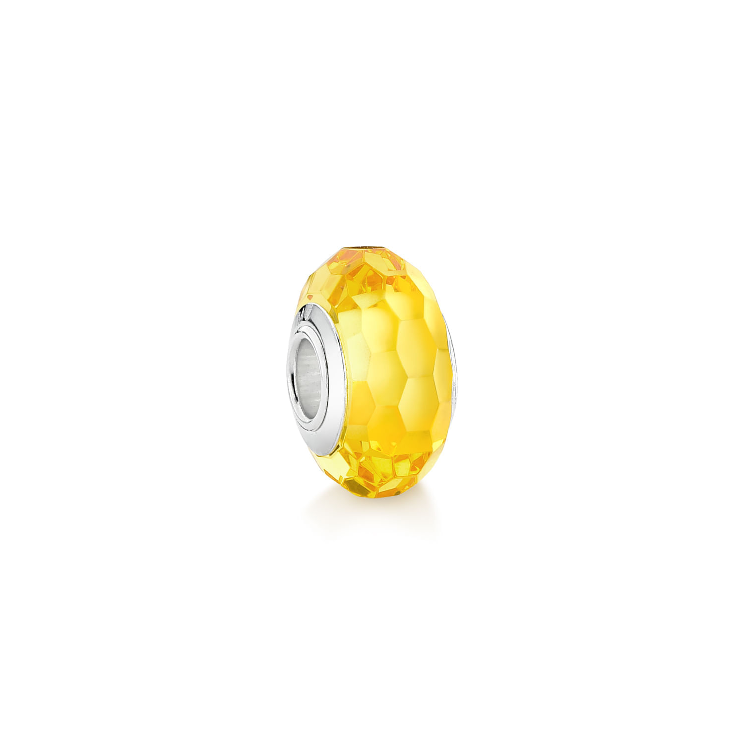 Bijuteria de metal prateado com pingente de cristal amarelo facetado, ornamentado com acabamento prateado.