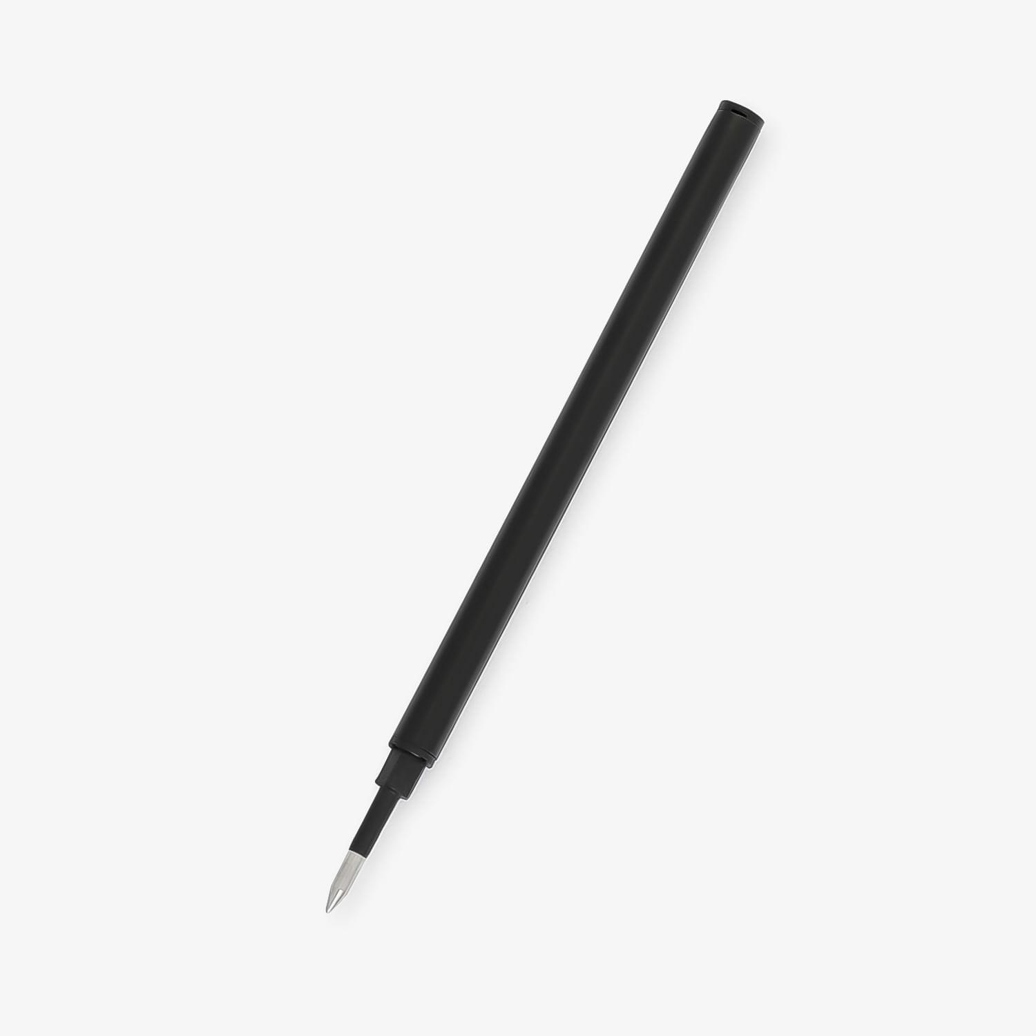 Caneta esferográfica de corpo preto, com ponta metálica exposta, alinhada em direção inferior direita.