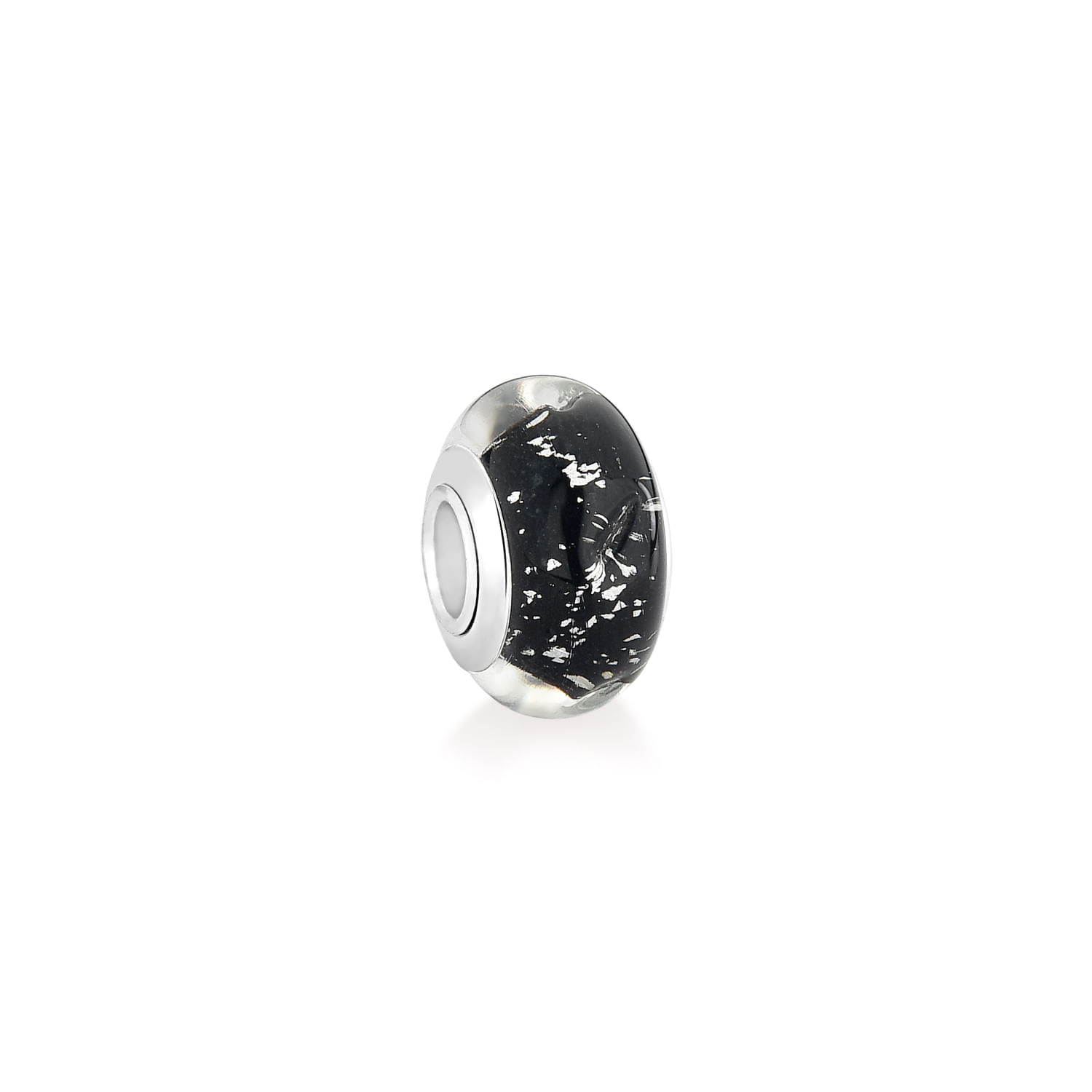 Pendente de metal prateado com detalhe em vidro preto com manchas brancas.