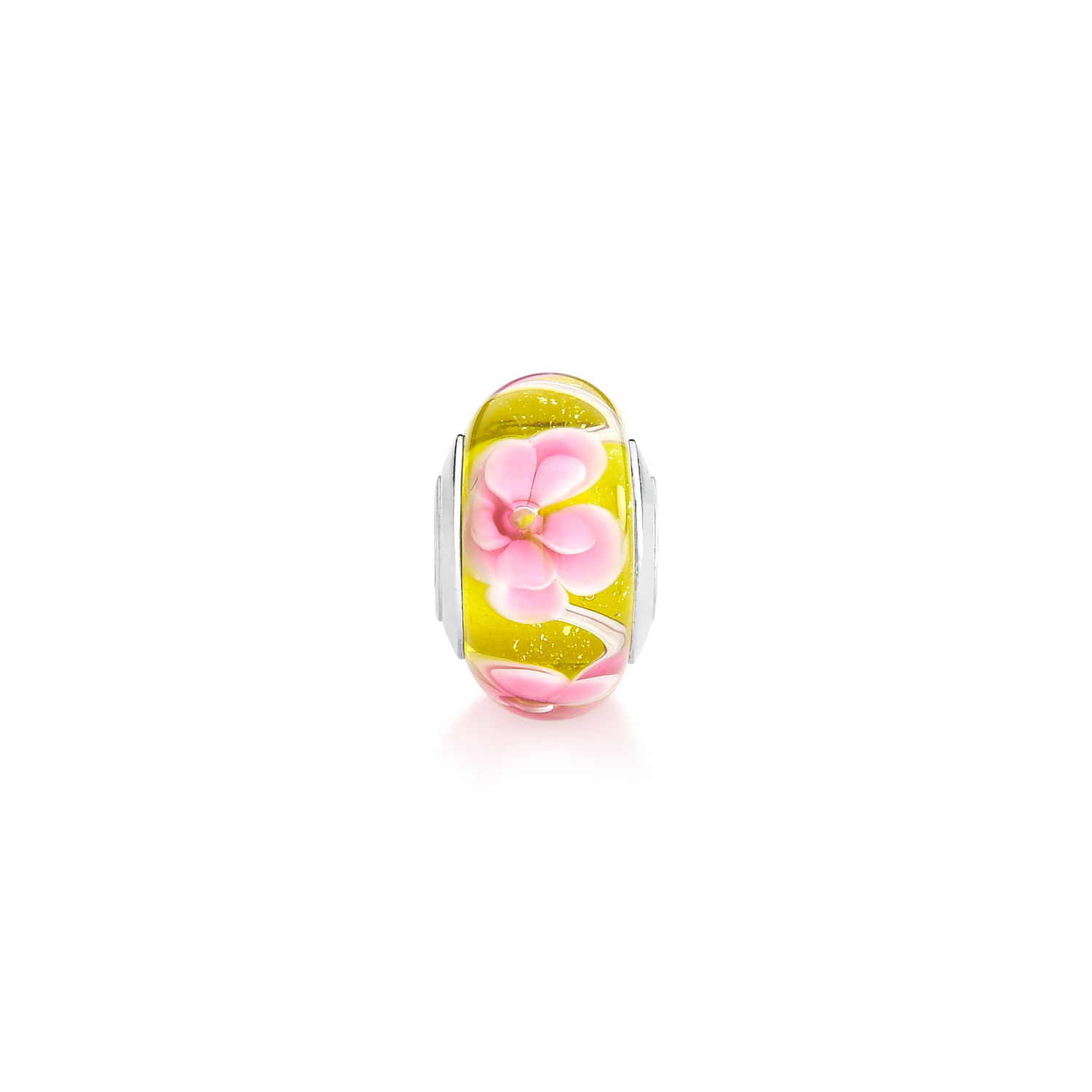 Berlo com fundo branco, vidro decorado com uma flor rosa e detalhes em amarelo.