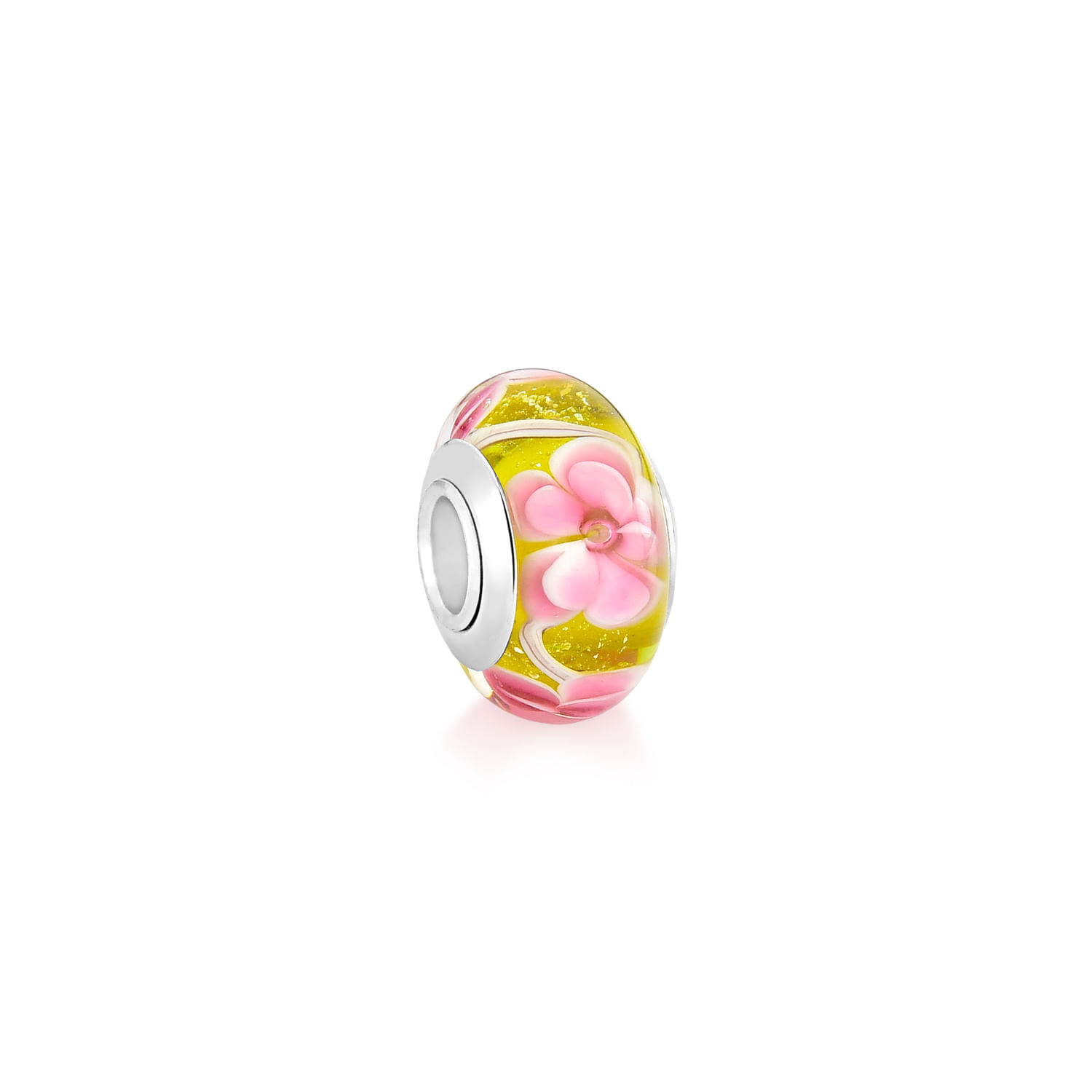 Piercing de vidro com flor rosa e fundo amarelo translúcido, decorado com detalhes dourados.