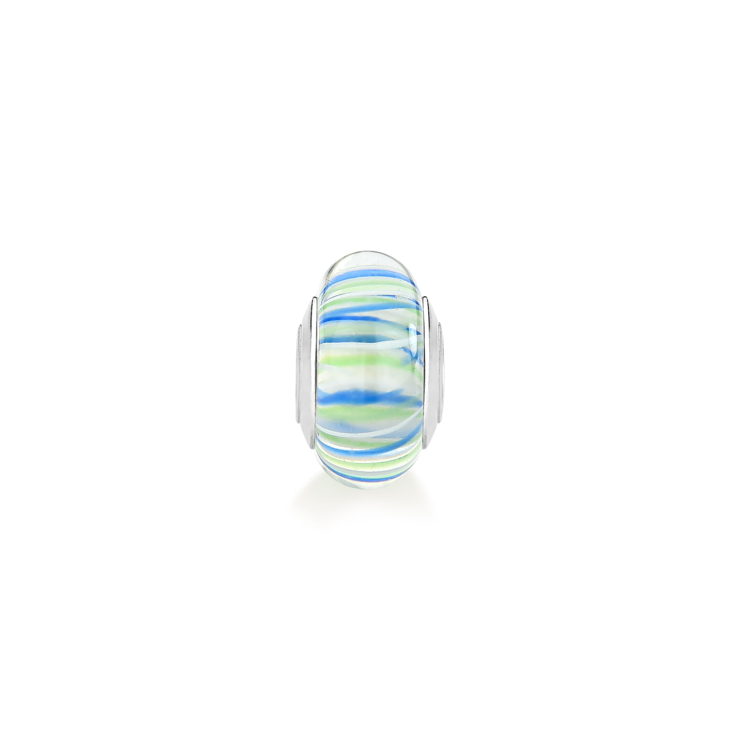 Chaveiro de vidro com padrão colorido em tons de azul, verde e branco, com detalhes de metal nas laterais.