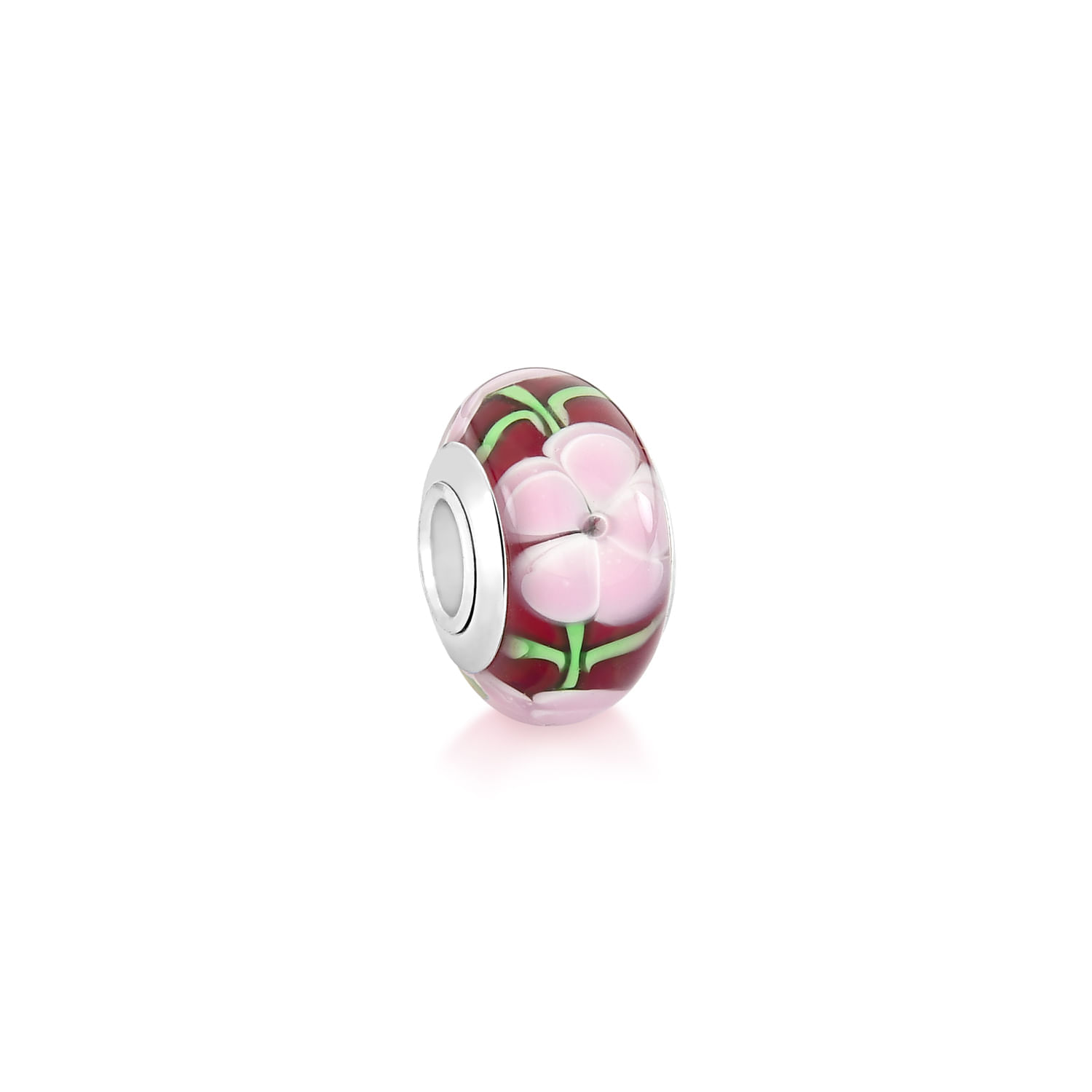 Peça de vidro decorativa com uma rosa rosa e detalhes verdes, com acabamento em prata na moldura.