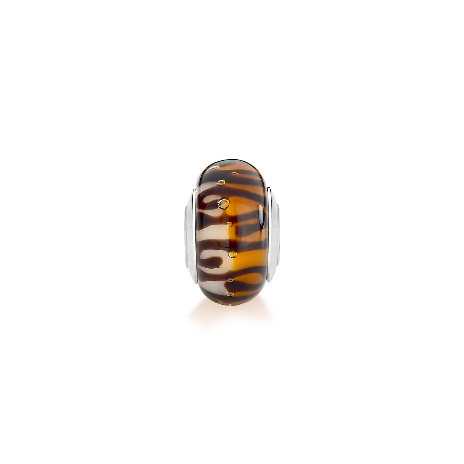 Chaveiro de metal com detalhes de vidro laranja e preto com padrão de listras.
