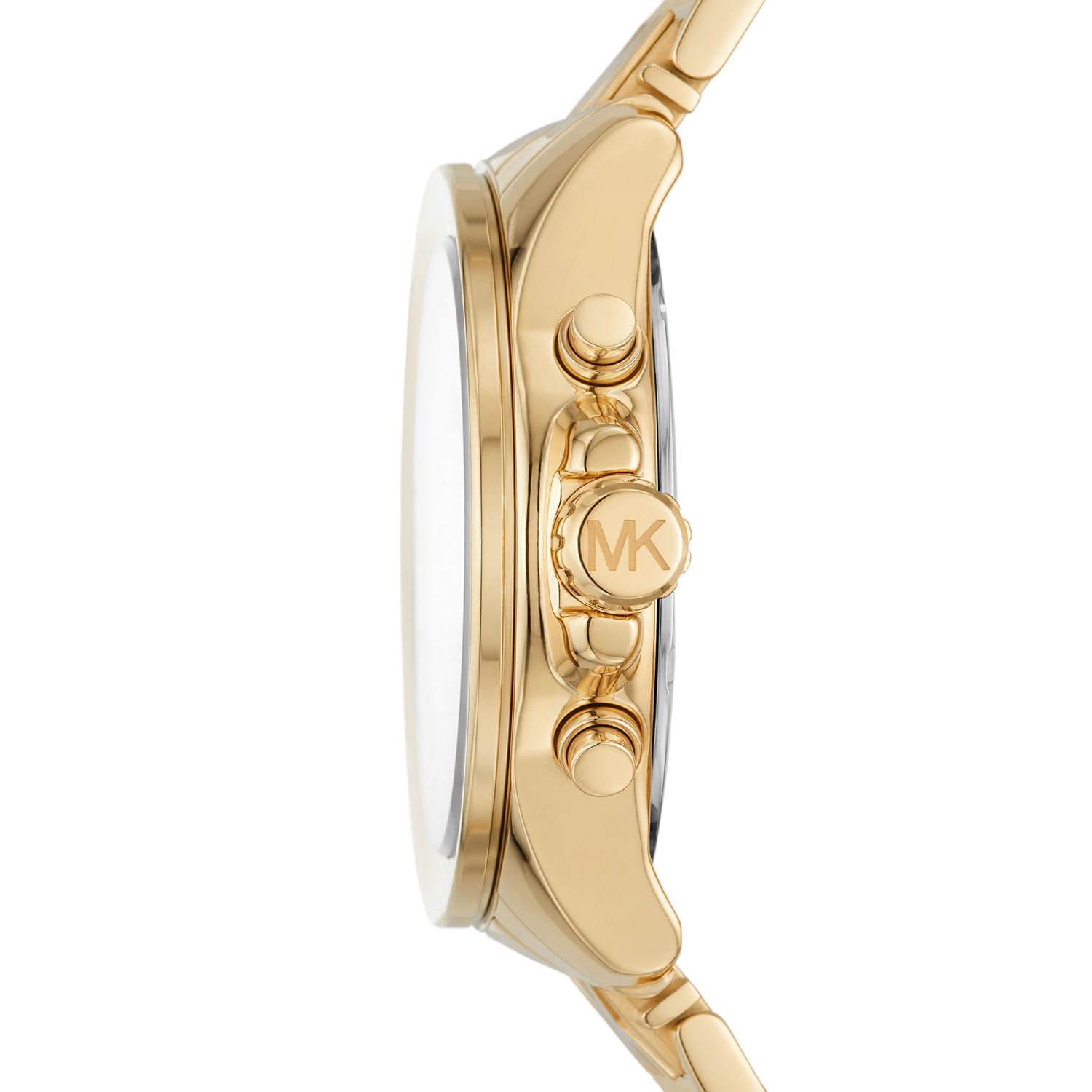 Relógio dourado com mostrador branco, visto de perfil, com botões laterais e marca "MK" na coroa.