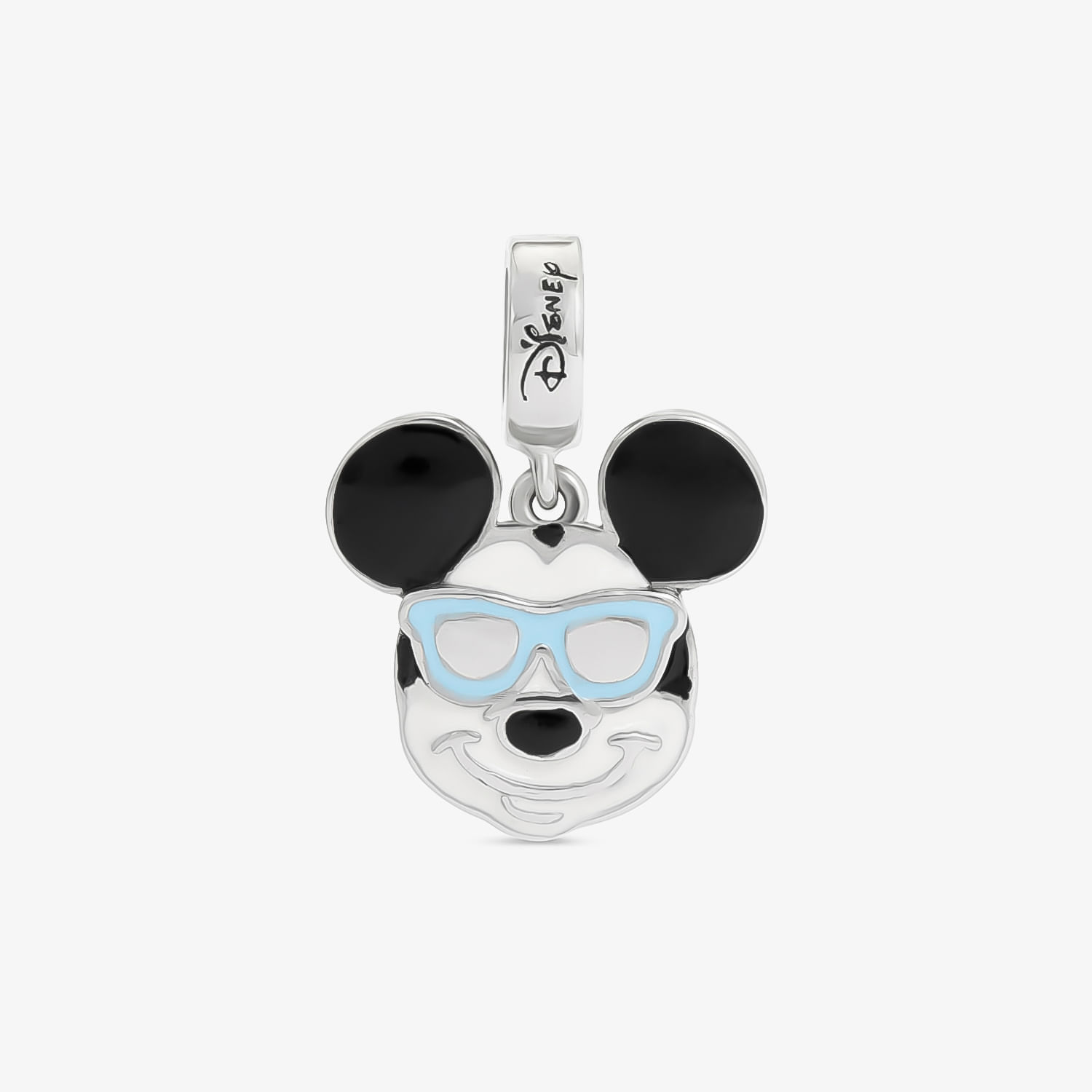Pingente de Mickey Mouse com óculos escuros e óculos de grau, em metal prateado com detalhes em preto e azul.