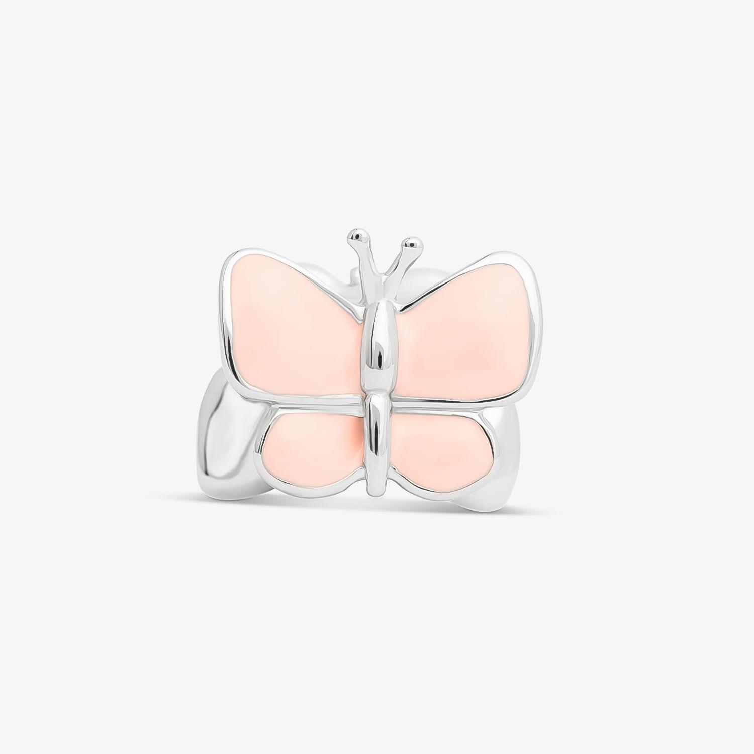 Broche de borboleta com acabamento em prata e detalhes em rosa claro.