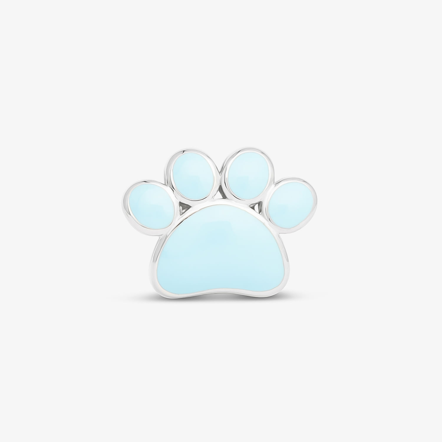 Botão decorativo com estampa de pata de animal, em tons de azul claro e prata.