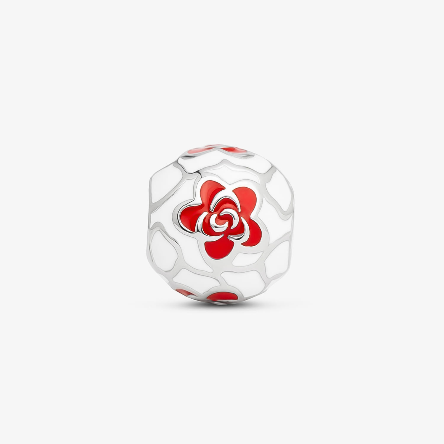 Bola de vidro branca com detalhes em vermelho formando uma flor estilizada no centro.