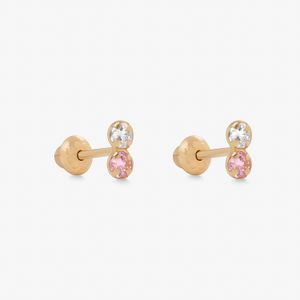 Brinco com Zircônia Rosa e Incolor em Ouro Amarelo 18k