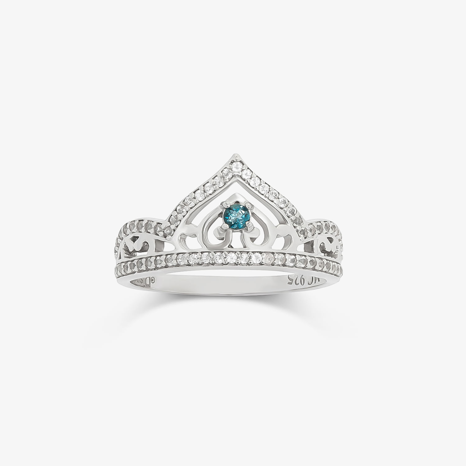 Anel de prata com design de tiara, detalhes em zircônia e uma pedra azul no centro.