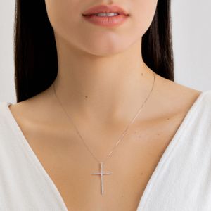 Pingente Cruz com 21 Pontos de Diamantes em Ouro Branco 18k