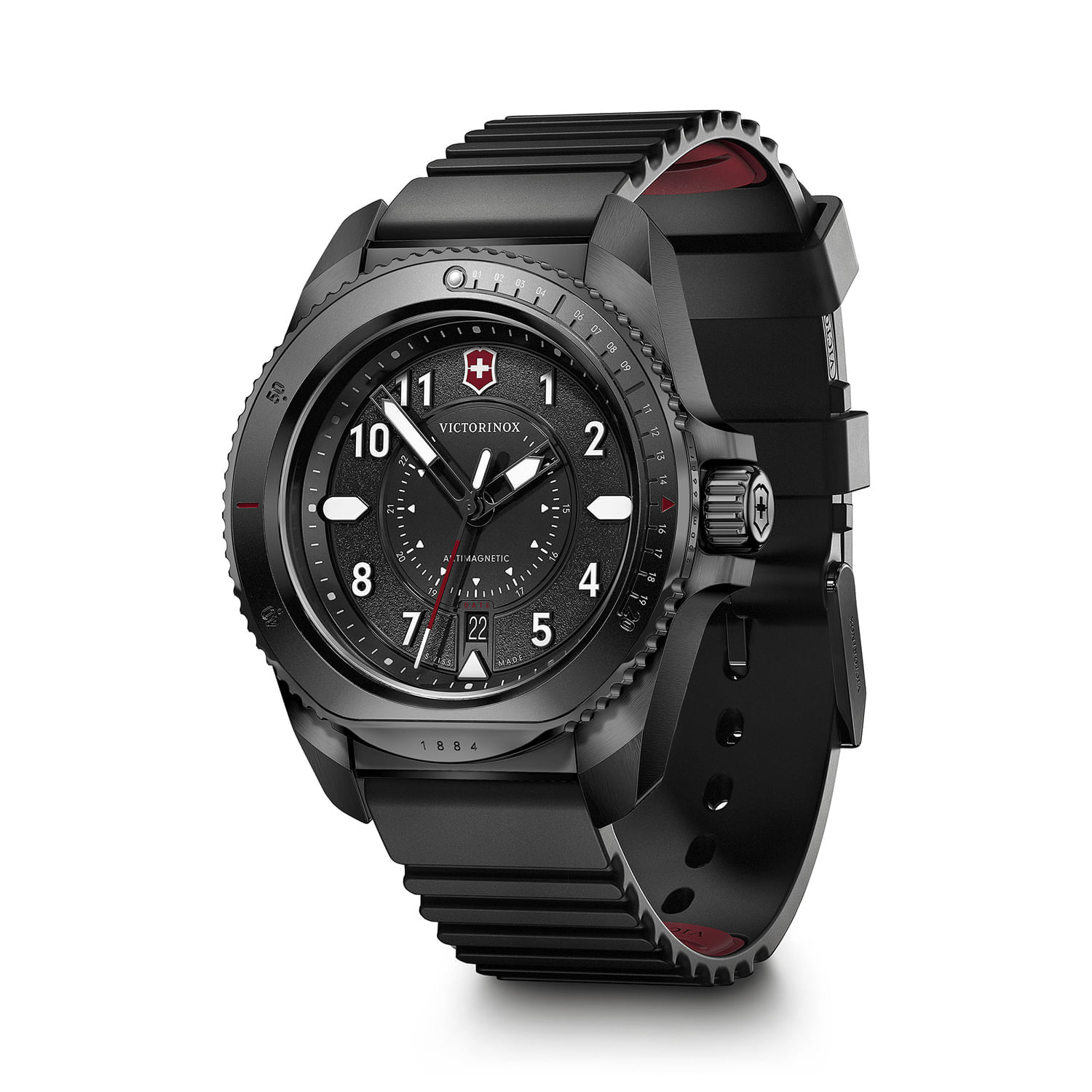 Relógio preto com pulseira de aço, mostrador analógico com três subdials e detalhes em vermelho e branco.