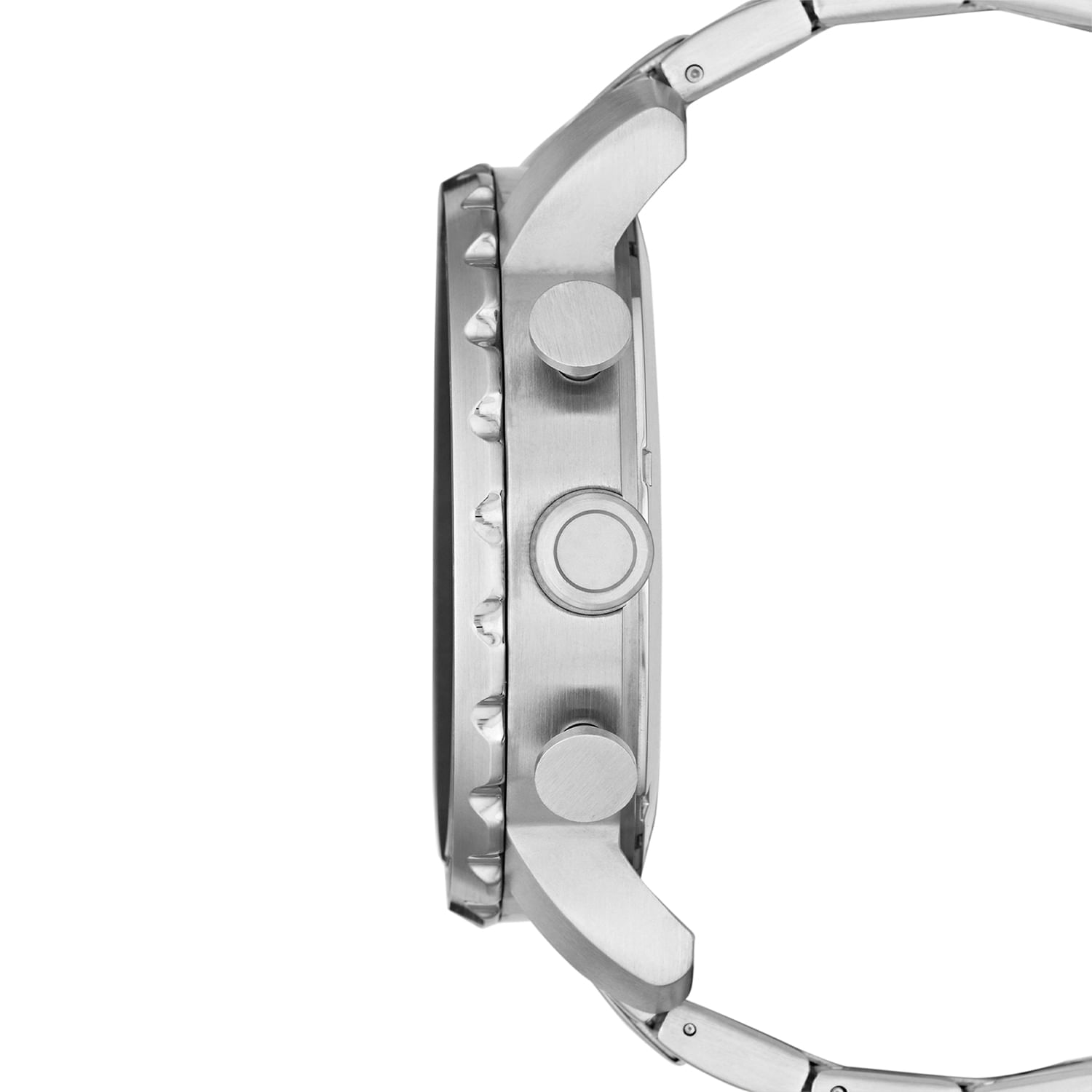 Relógio de pulso com pulseira de metal prateada, mostrador branco e botões laterais.