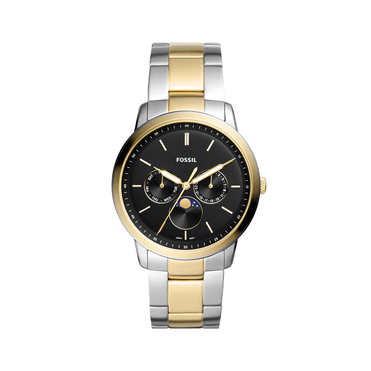 Relógio Fossil com pulseira de metal prata e dourada, mostrador preto com detalhes dourados e funções de calendário e fase lunar.