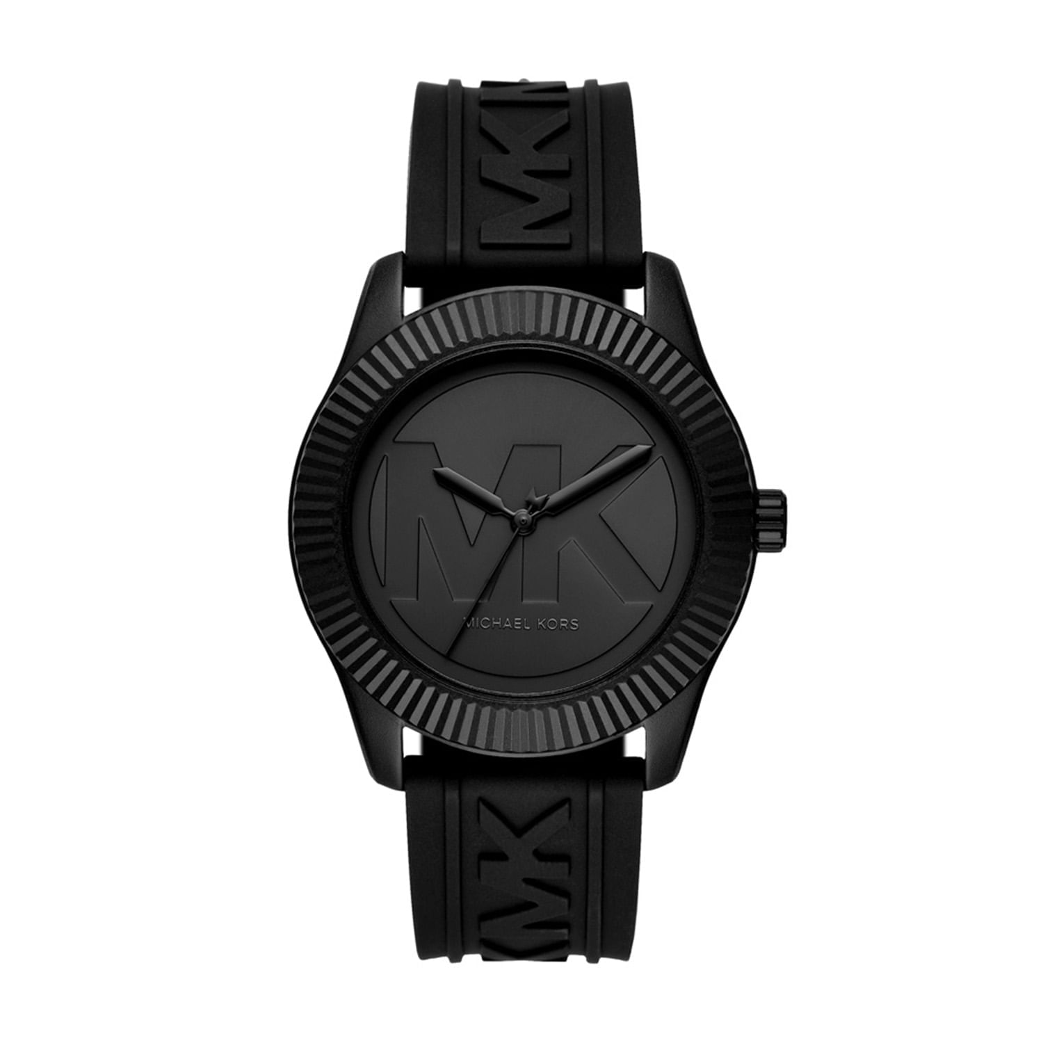 Relógio Michael Kors todo preto com pulseira de silicone e caixa grande, com detalhes em relevo do logo MK no mostrador e na pulseira.