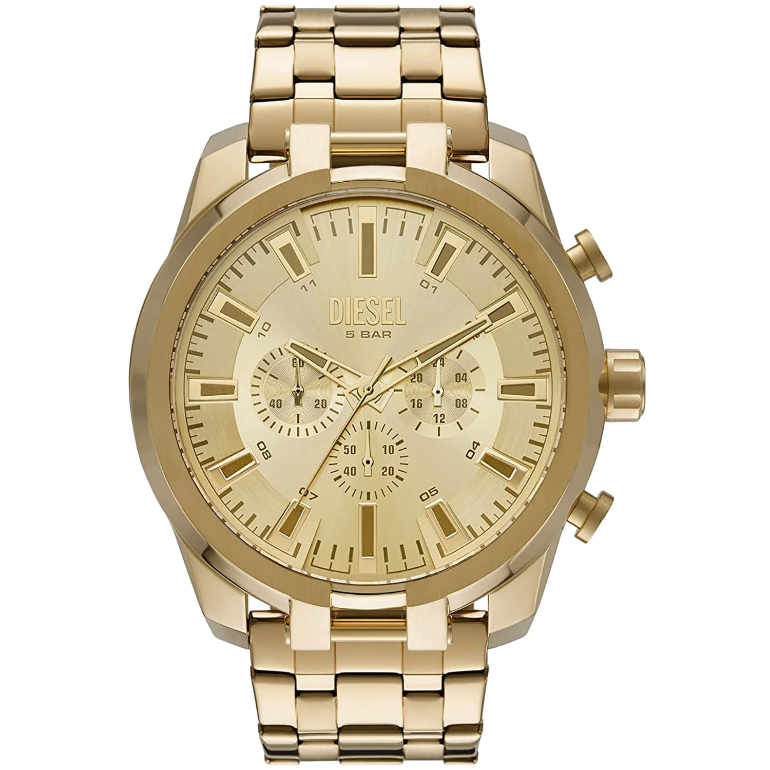 Relógio dourado com pulseira de elos grossos, mostrador grande com três subdials e detalhes em relevo.