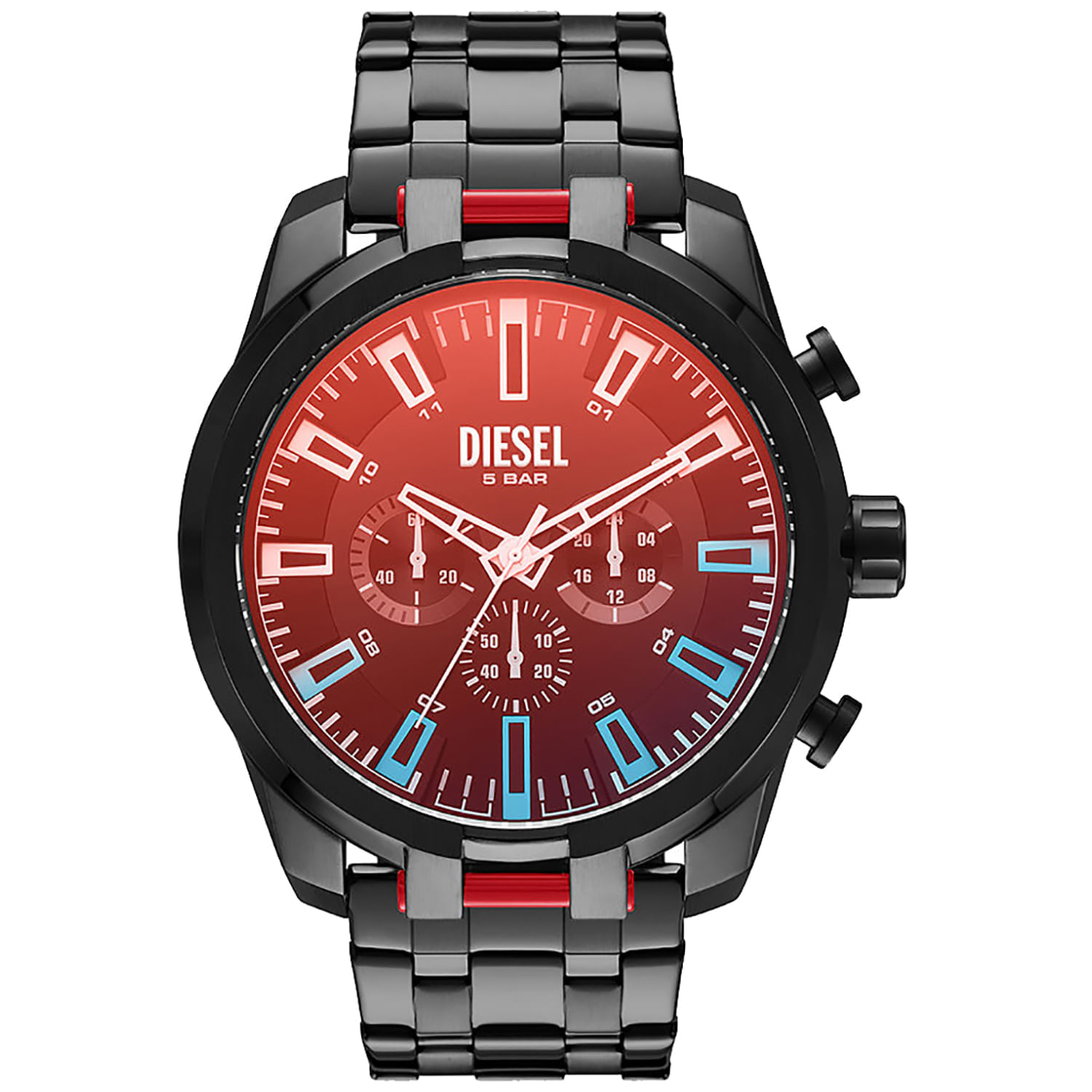 Relógio masculino com pulseira de metal preta, mostrador vermelho com detalhes em azul e branco, e múltiplas funções.