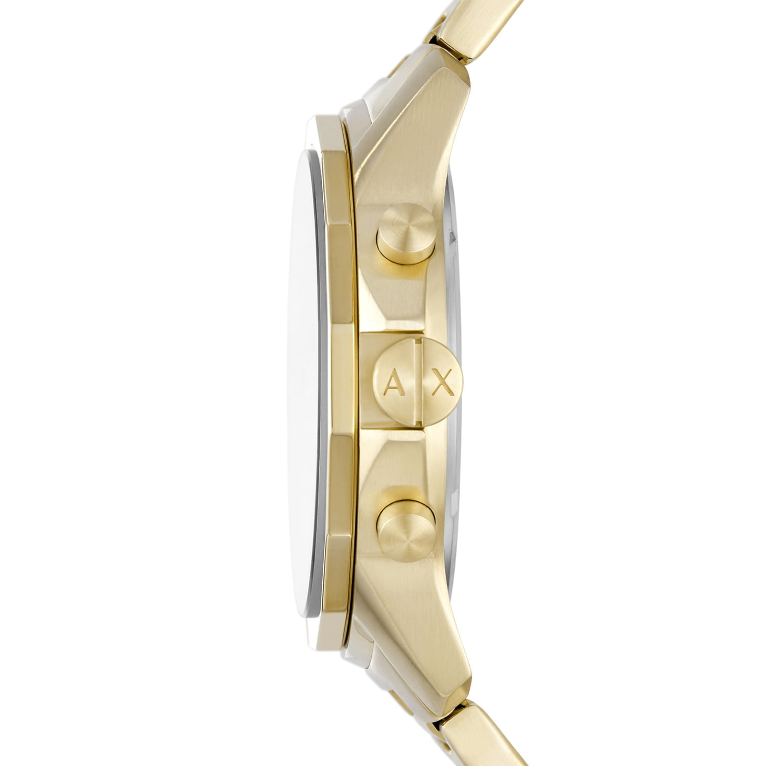 Relógio com pulseira dourada, mostrador lateral visível, com botões marcados "A" e "X".