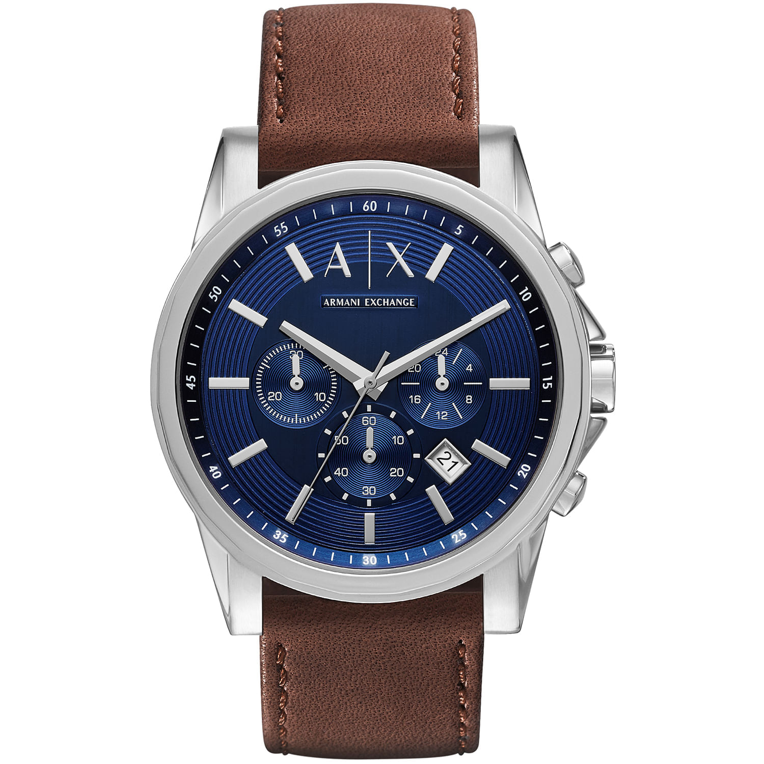 Relógio com pulseira de couro marrom, caixa prateada e mostrador azul com três subdials e data.