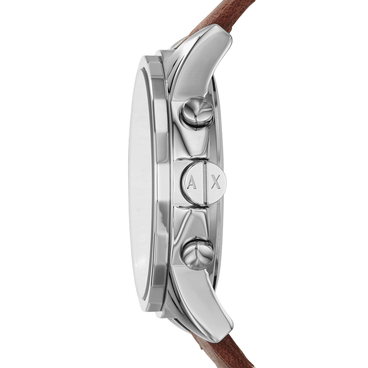 Relógio com mostrador quadrado, botão lateral com marca "A X", e detalhes prateados com pulseira de couro marrom.