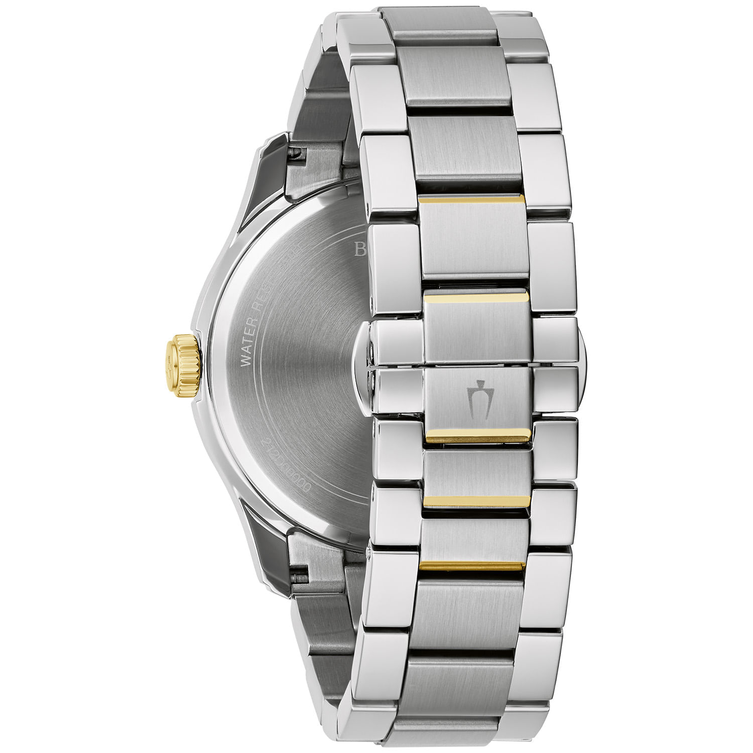 Relógio feminino com pulseira de aço prateada, detalhes dourados na caixa, e mostrando a lateral com coroa dourada.