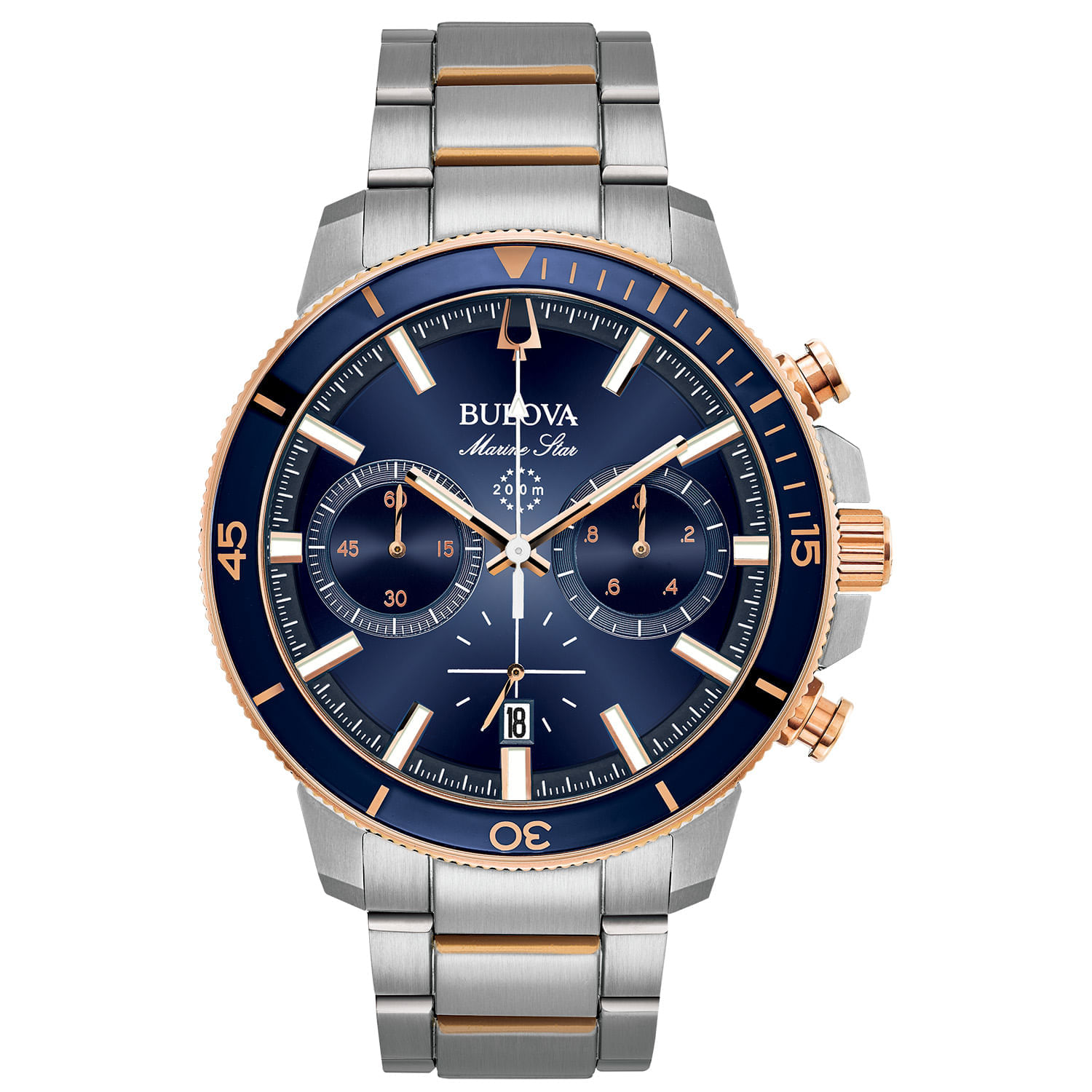 Relógio masculino da Bulova com pulseira de aço, caixa em tom rosé e detalhes em azul escuro, com cronógrafo, data e resistência 200m.