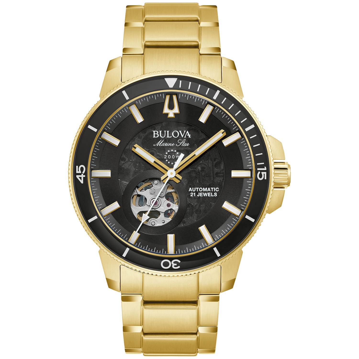 Relógio dourado com pulseira de metal, mostrador preto, detalhes em dourado, com mecanismo visível e indicação de data.