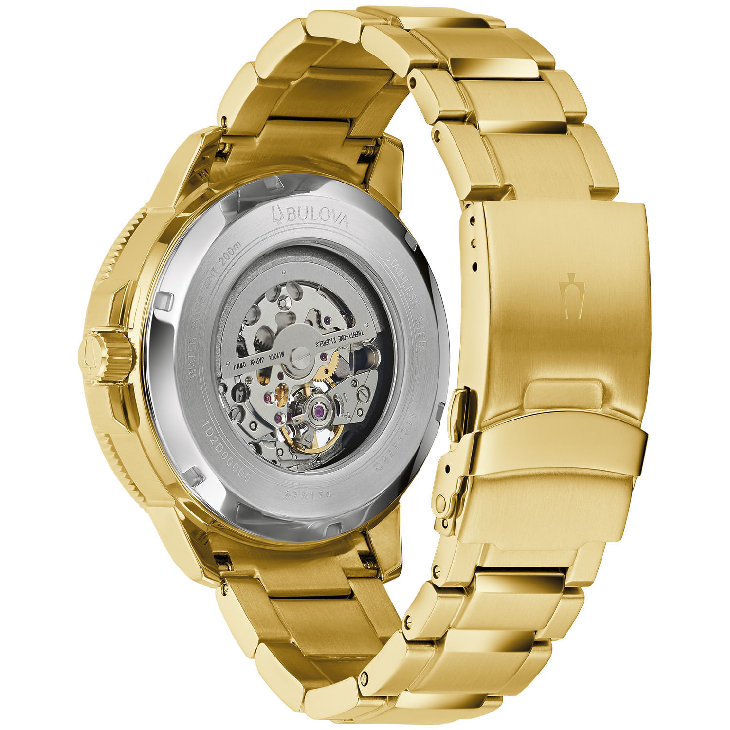 Relógio de pulso dourado com pulseira de metal, mostrando o fundo transparente com mecanismo interno visível.