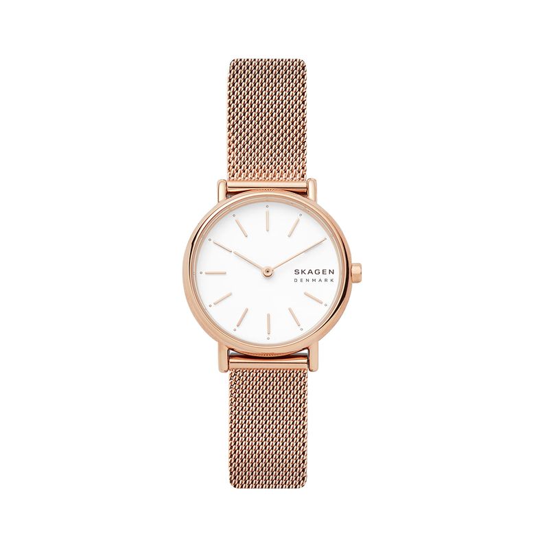 Relógio feminio com pulseira de malha rosê e mostrador branco com marcadores dourados e minimalistas.