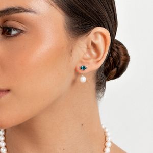 Brinco Ear Jacket com Topázio London e Pérola em Ouro Rosé 18K