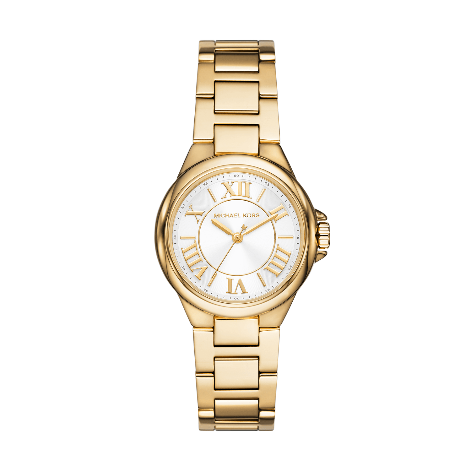 Relógio feminino dourado Michael Kors com pulseira de metal e mostrador branco com números romanos.