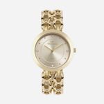 Relógio feminino dourado com pulseira de elos, mostrador com detalhes minimalistas e pedrarias nos marcadores.