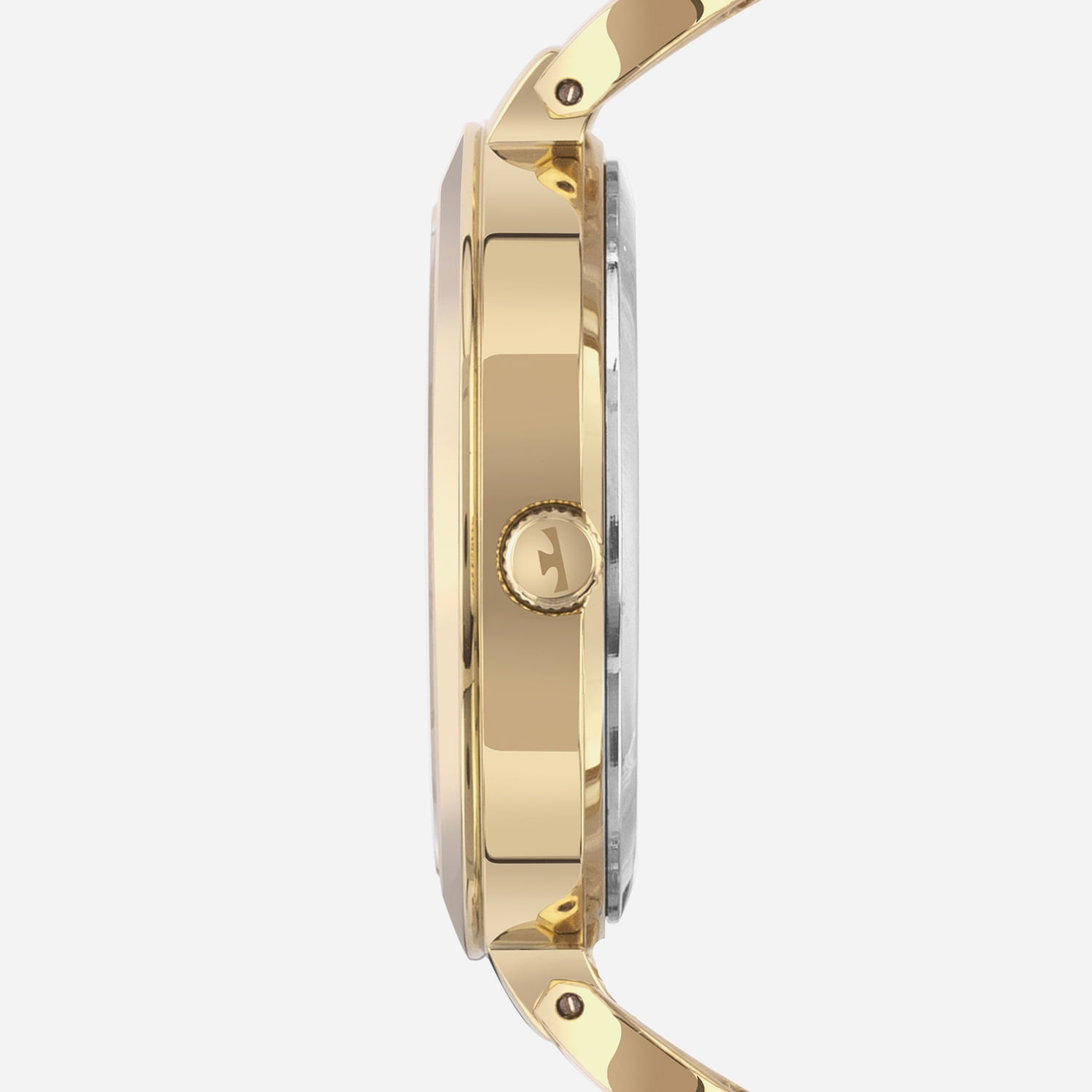 Relógio com pulseira dourada, mostrando o lado da caixa e a coroa na lateral.