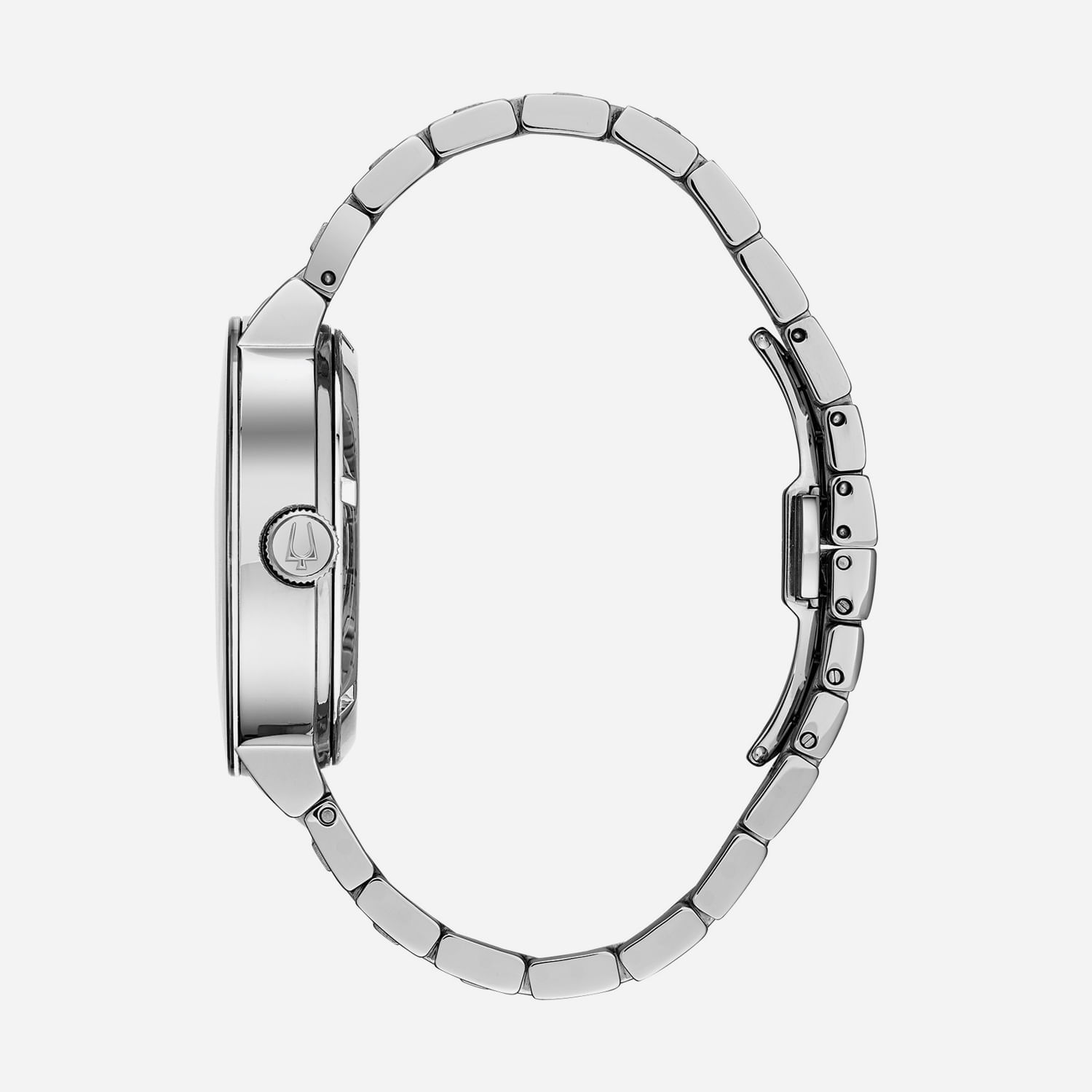 Relógio de pulso com pulseira metálica e caixa prateada, visto de perfil, com detalhes metálicos e botão de ajuste na lateral.
