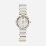 Relógio feminino com pulseira de ouro e branco, mostrador branco com cristais e detalhes dourados, e borda com cristais.