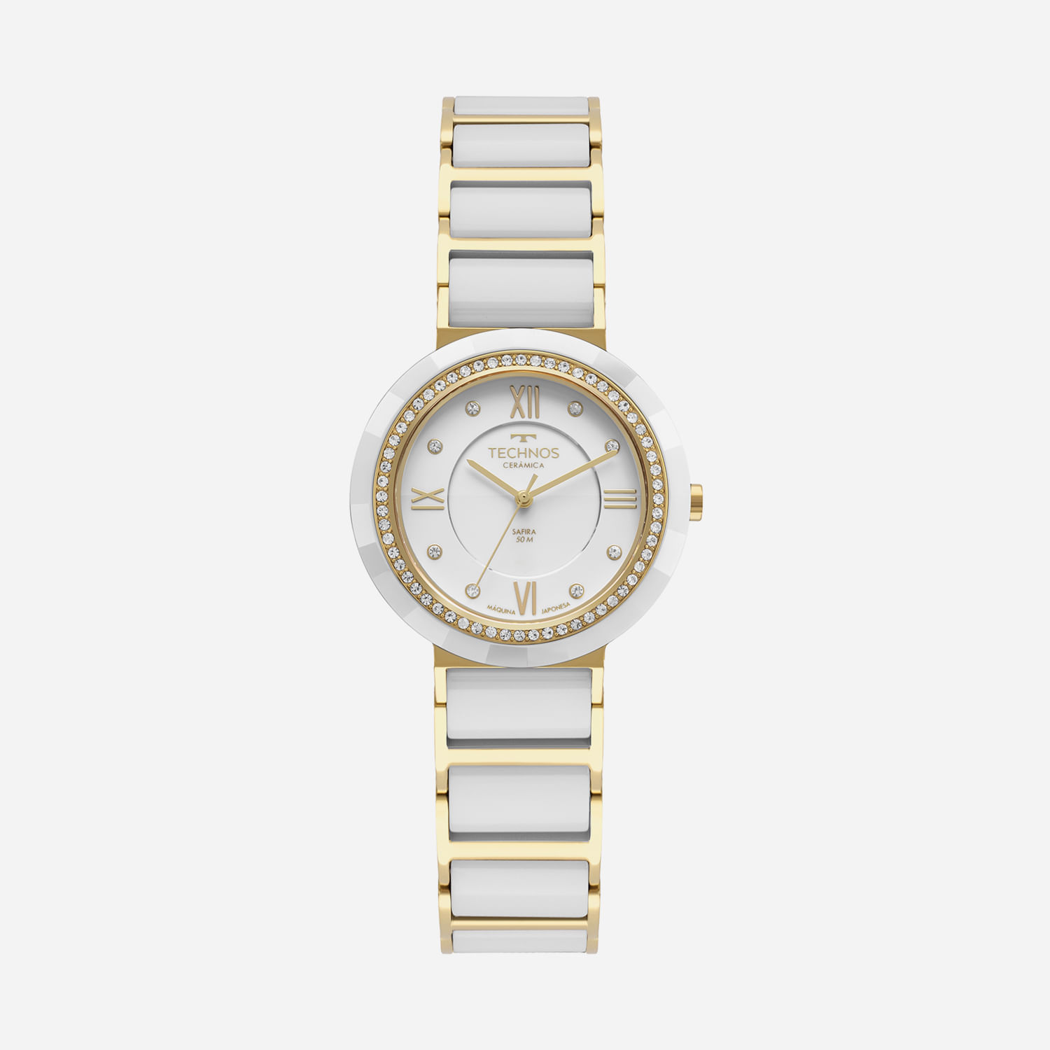 Relógio feminino com pulseira de ouro e branco, mostrador branco com cristais e detalhes dourados, e borda com cristais.