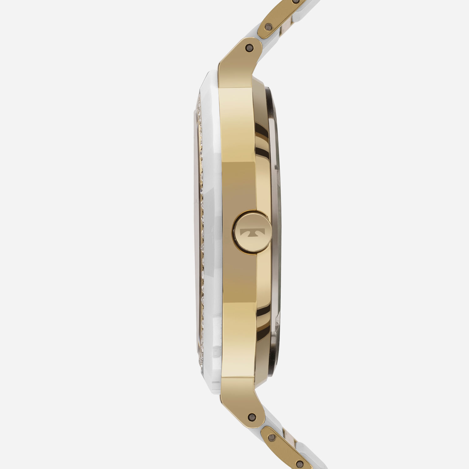 Relógio feminino com pulseira dourada e caixa com detalhes em branco, visto de lado.