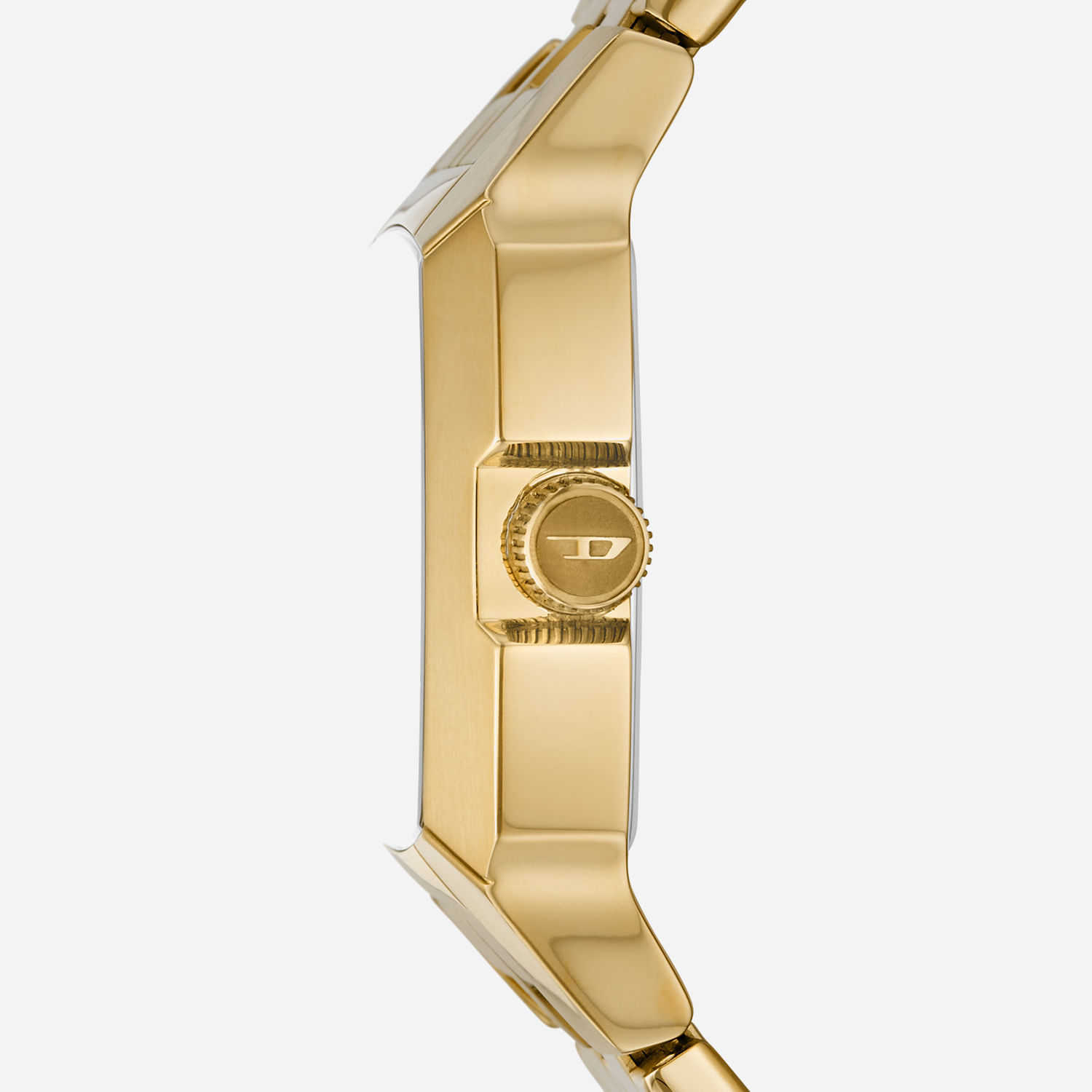 Relógio com pulseira dourada, mostrador arredondado e detalhes em destaque na lateral.