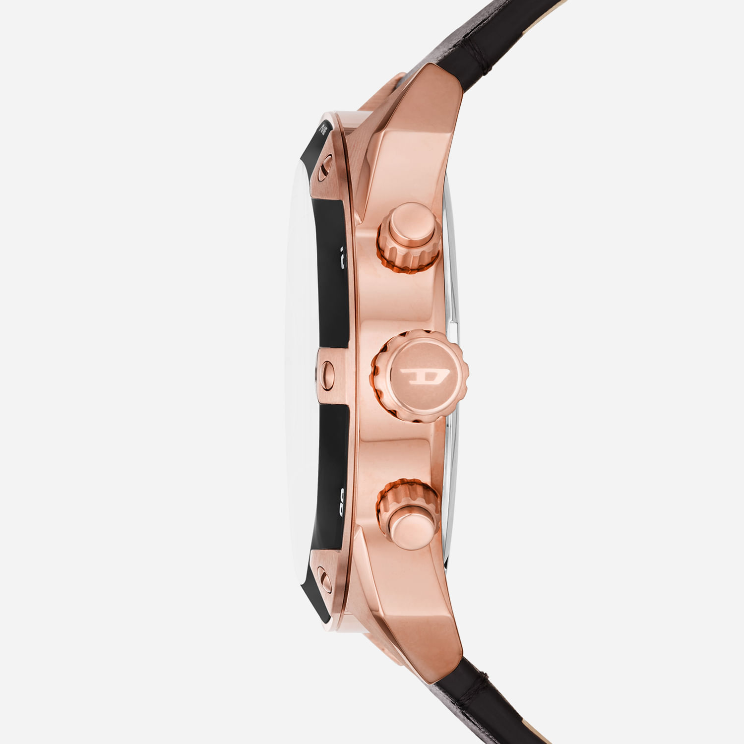 Relógio com caixa rosé, botões e coroa na lateral, e pulseira preta, visto de lado.