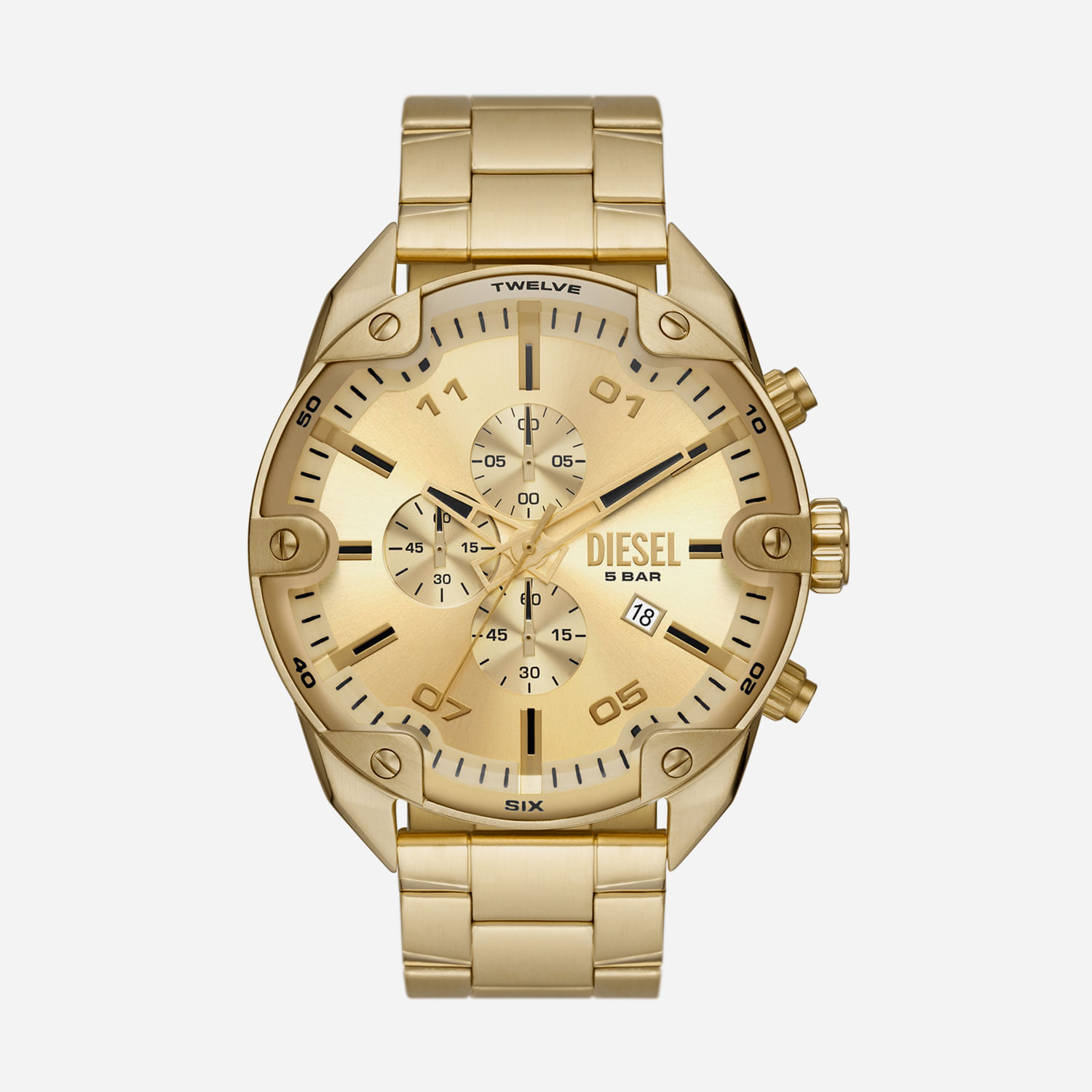Relógio dourado com pulseira de metal e mostrador analógico, exibindo múltiplos subdials e a marca Diesel.