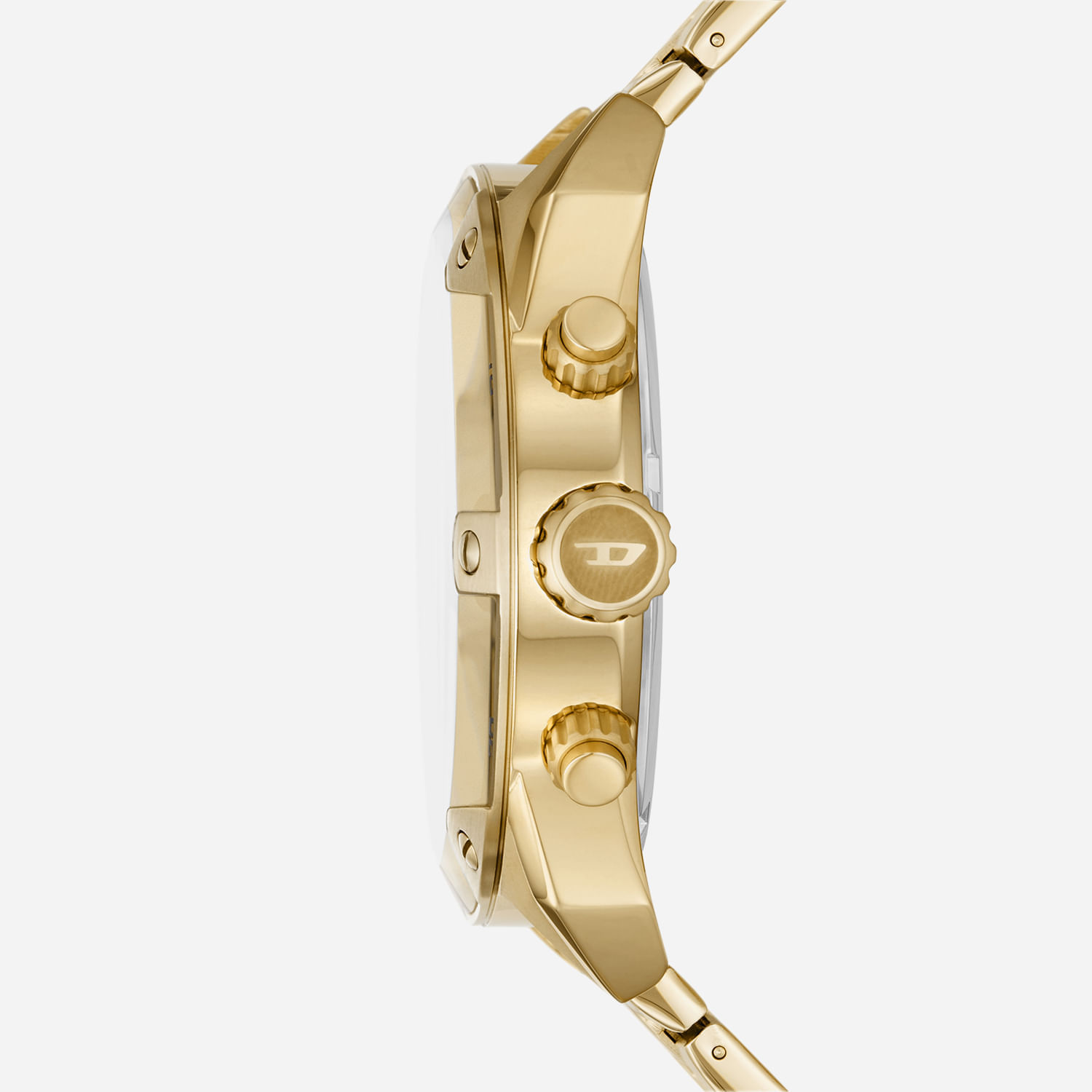 Relógio dourado com caixa e pulseira metálica, vista lateral, com botões e coroa no lado direito.