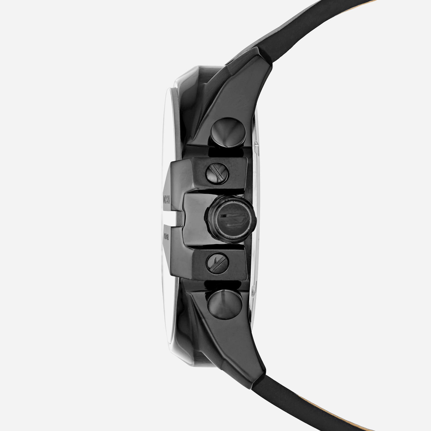 Relógio digital com display em forma de círculo, botões laterais e pulseira preta, visto de perfil lateral.