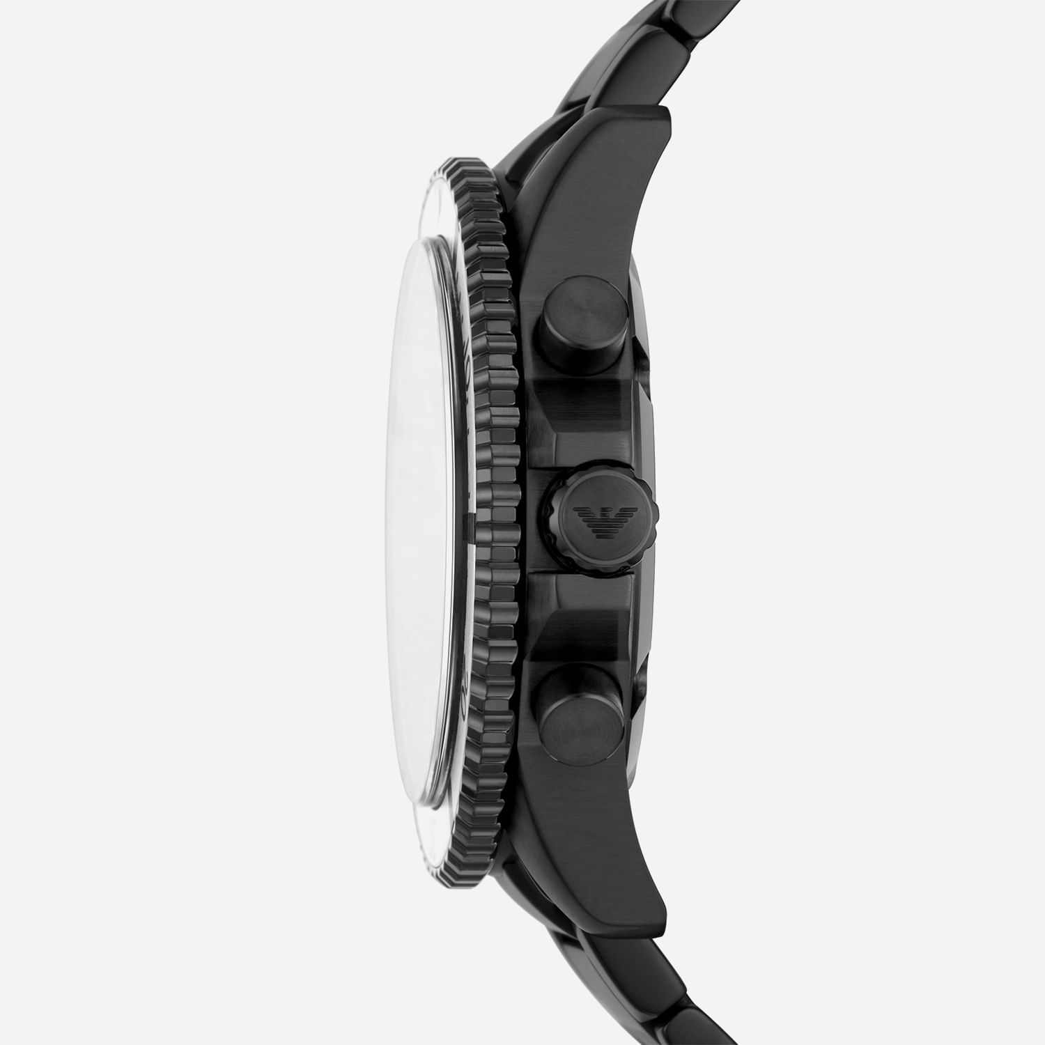 Relógio preto com cronômetro, mostrador branco e botão central com logotipo da Emporio Armani, vista lateral.
