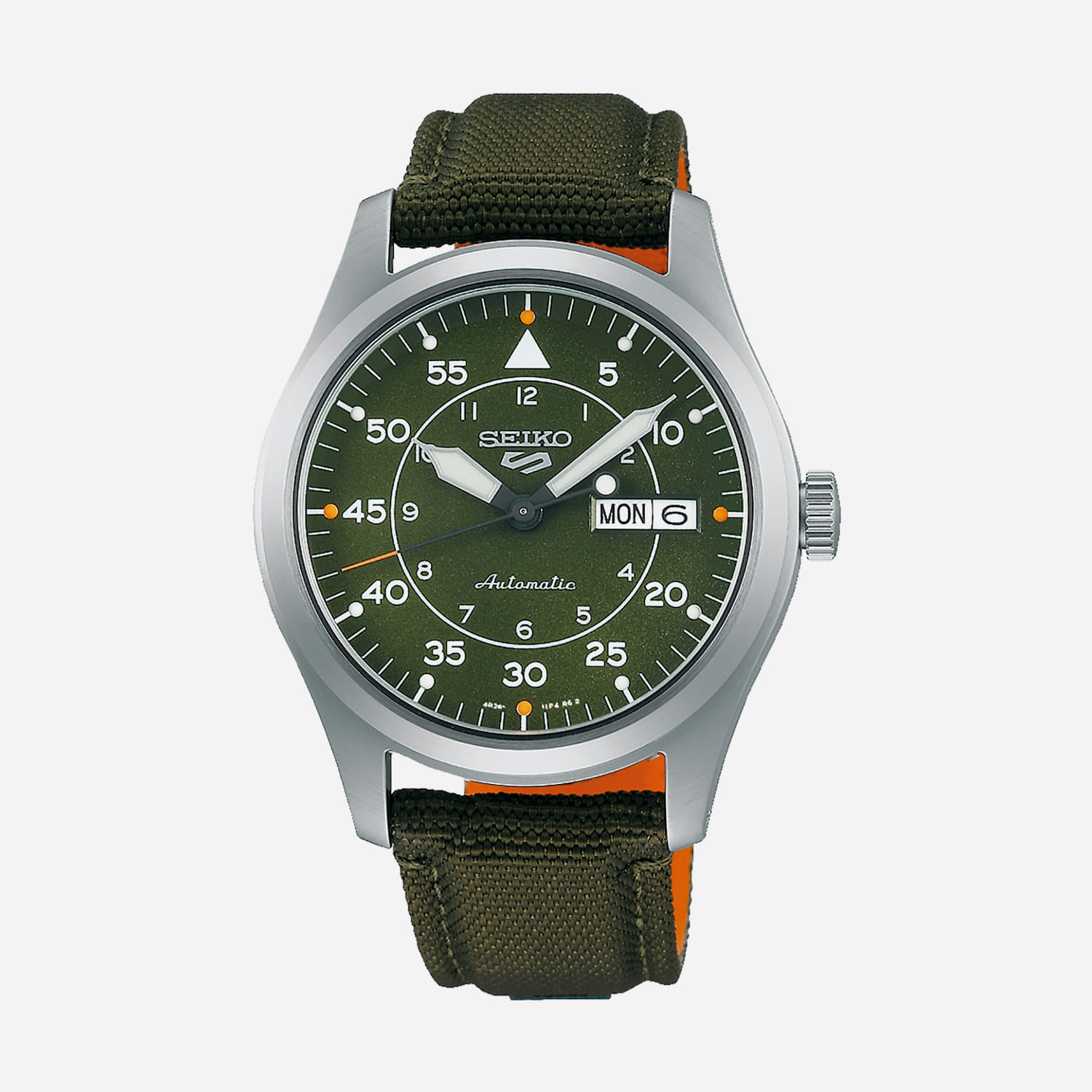 Relógio Seiko 5 com mostrador verde, numeral de minutos e horas, data e dia da semana, pulseira de tecido verde com acabamento laranja.