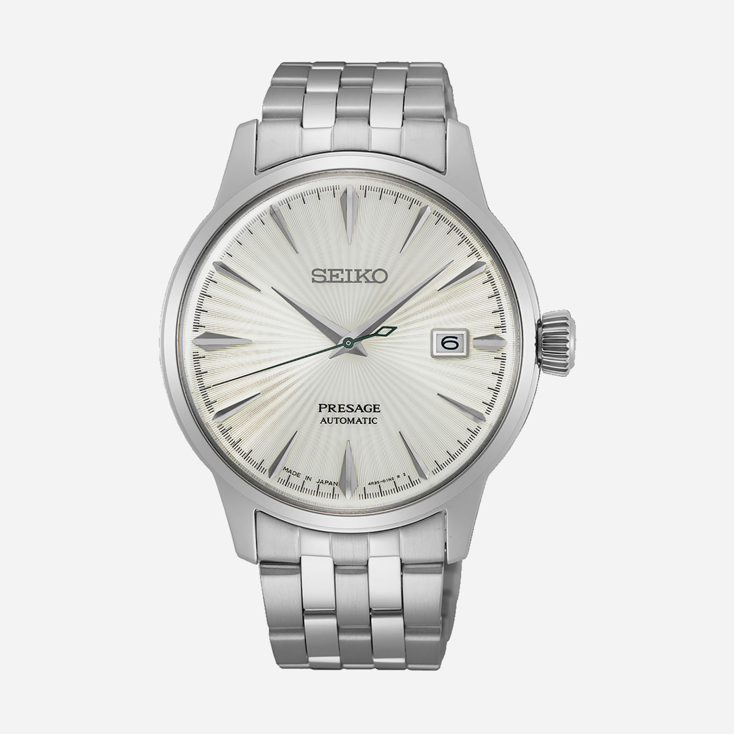 Relógio de pulso da Seiko, modelo Presage automático com mostrador em tom claro, índices e ponteiros prateados, calendário às 3 horas e pulseira de aço inoxidável.